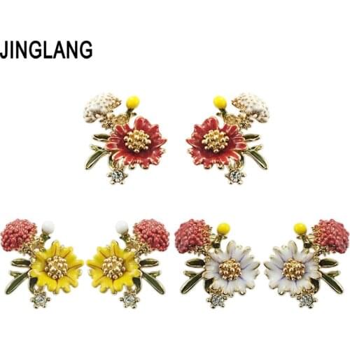 JINGLANG Korean earrings spring sweet girl drop oil daisy flower wild silver needle fashion ear pin