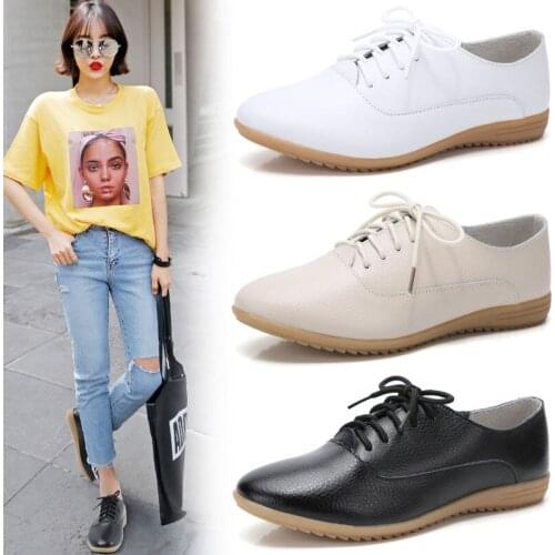 Leather shoes for women flats Comfort casual lace up round toe derby shoes oxford sneaker office lady party