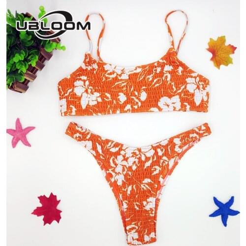 Sexy Bandeau Push Up Brazilian Bikini Set Padded Thong Bathing Suit Women Spaghetti Strap Beach Swimwear Floral Printed Swimsuit