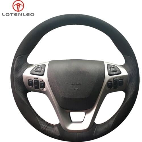 LQTENLEO Black Suede Genuine Leather Car Steering Wheel Cover For Ford Explorer 2011-2019 Taurus Flex 2012-2019 Edge 2011-2014