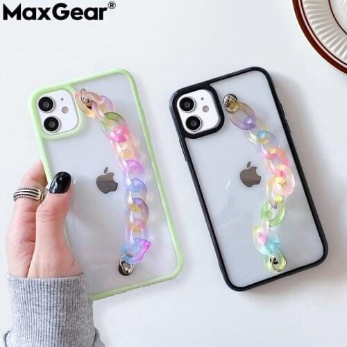 Cute Candy Color Case With Wrist Strap Chain For iPhone 11 12 Pro Max Mini XS XR X 7 8 Plus SE Bracelet Holder Transparent Cover