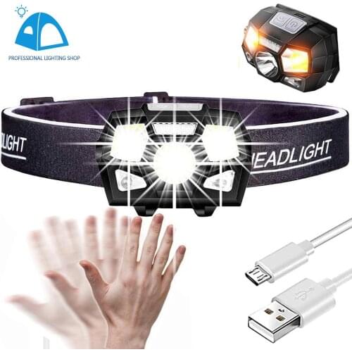 Multi-mode USB Rechargeable LED Headlamp Waterproof Head Torch 5 Lighting Modes Induction Switch Camping Hand Band Fishing Lamp