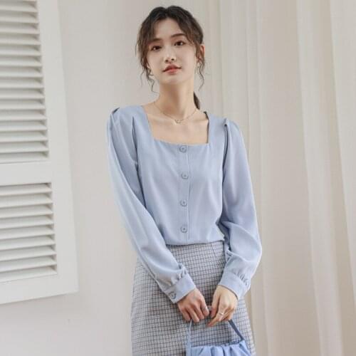 2021 autumn new Korean style square neck long-sleeved shirt female imitation silk shirt short top womens clothing
