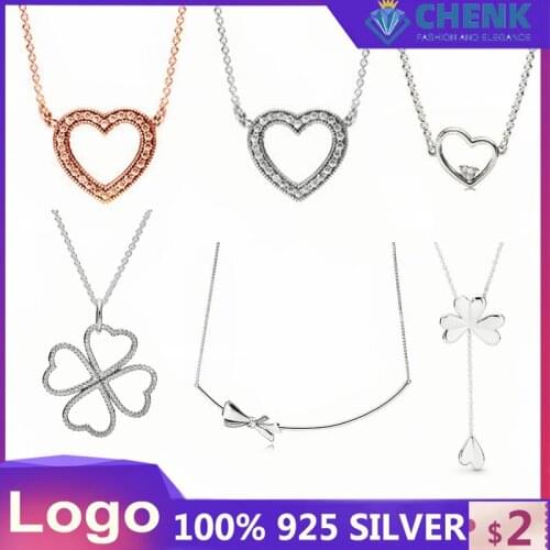 Sterling Silver Necklace S925 Charm With Logo Love Four-leaf Clover with Diamonds Bow Pendant Gifts for Girls