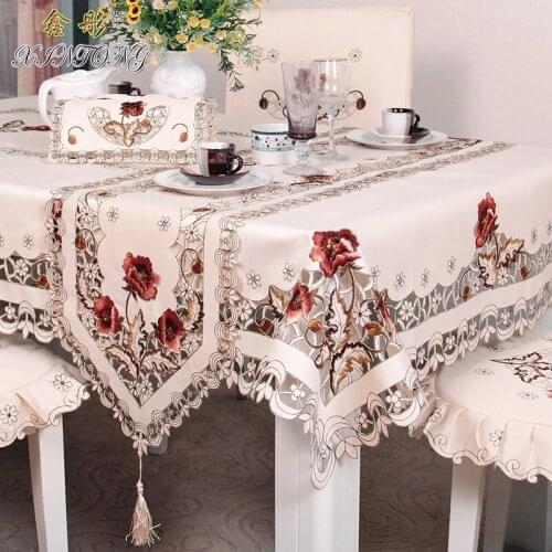 Luxury Rose Table Cloth Chinese Handmade Ribbon Embroidery Tablecloth Lacecwork Round Dining Table Covers Home Decor