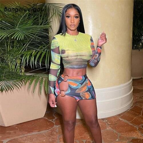 Bangniweigou printed sexy mesh two piece set women crop top + hollow out skirt matching suit club party slit mini dress sets