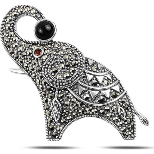 Silverlina Silver Elephant Natural Stone & Marcasite Brooch & Pendant
