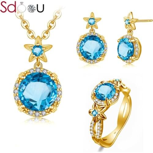 SDOOU 14k Gold Jewelry For Women Silver 925 Rings Stud Earrings Pendant Sets Round Cut Carved Flower Luxury Jewelry Party Gift