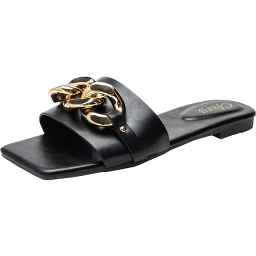 New Women Slippers Causal Ladies Square Toe Flat Outdoor Slides Fashion Metal Decoration Female Shoes Open Toe Beach Woman Shoes