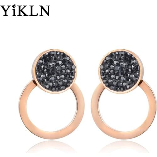 YiKLN Trendy Black White Rhinestone Double Circle Earrings For Women Titanium Steel Bridal Sets Wedding Earrings Jewelry YE18015