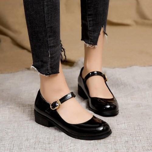 YMECHIC 2019 Fashion Autumn Patent Black Blue Ladies Mary Jane Lolita Party Dress Shoes Medium Block Chunky Heels Women Pupmps