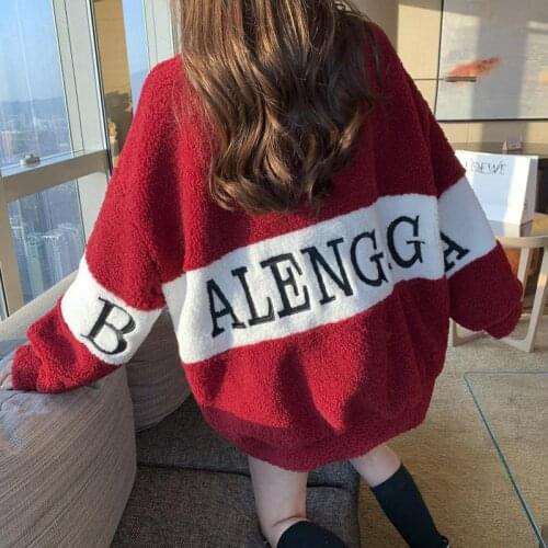 Fall Winter Women Hoodie Sweatshirt Behind Letter Embroidery Stand Neck Long Sleeve Lamb White Brown Stitch Thick Loose Pullover