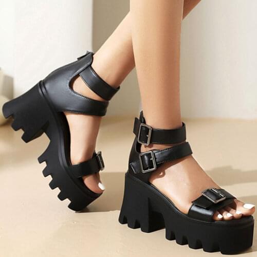 2021 Leisure Buckles Belt Zipper Gladiator Black Gothic High Heel Fashion Summer Platform Shoes Sandals Woman Large Size 45