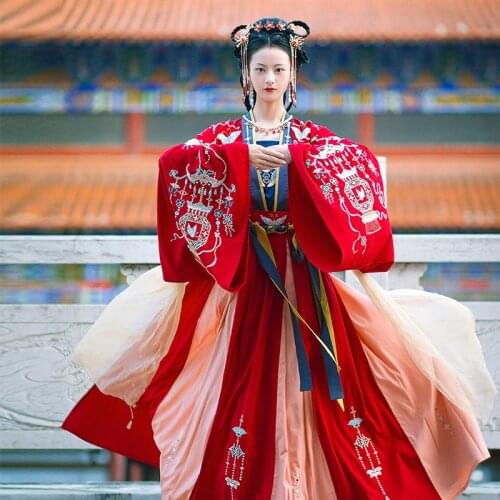 New Classical Folk Dance Stage Clothes Female Hanfu Dress Chinese Embroidery Elegant Costumes Tang Dynasty Red Clothes VO859