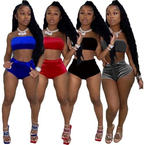 Womens Summer Strapless Velvet Set Crop Top +biker Shorts Sexy Two Piece Set Skinny Slim Nightclub Outfits Female Shorts Set