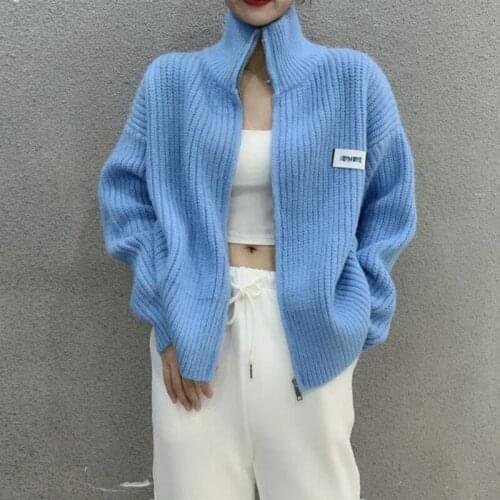 Zip-up Korean Knitted Sweater Coat Women 2021Fall Winter New Stand-up collar Long Sleeve Tops Casual Fashion Ladies Jacket Femme