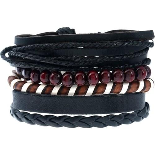 4pcs/set hippie punk classic black Leather cord knots charm red onyx Beads Layers stackable wrap Bracelet Bangles Unisex Jewelry
