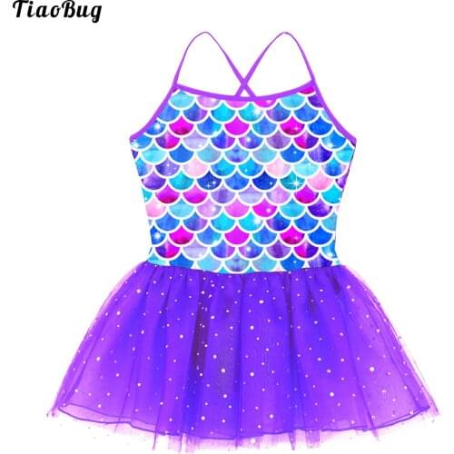 TiaoBug Kids Girls Glitter Mermaid Costume Spaghetti Shoulder Straps Scales Printed Ballet Dance Gymnastics Leotard Tutu Dress