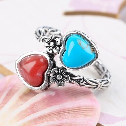 Interesting Double Heart Stone Ring For Women Vintage Silver Color Flower Pattern Carving Couple Rings For Women Men Party Gifts