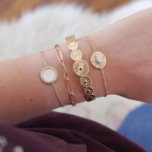 Scandinavian style sun flower inlaid bracelet set with hammered chain simple dripping oil bracelet 4-piece set for women