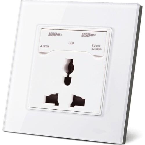 Eruiklink Glass Panel Wall Socket Double USB Charging Port 2.1A-2100mA Wall Charger Adapter 16A EU/AU/UK/US Socket Power Outlet