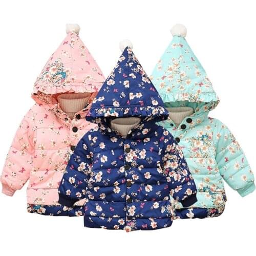New Tredy Floral Girl Winter Jacket Kid Cute Hooded Outerwear Baby Outing Warm Outer Gifts For Children Infant Casual Clothes