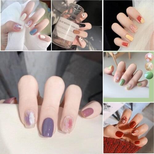 New multiple Ins pure color false nails 24pcs with glue cute short size cartoon pattern fake nails Japanese lady full nail tips