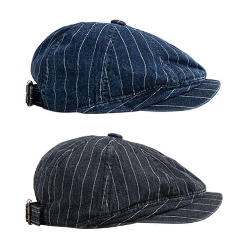 SEFRTPHT Washed denim Retro Beret stripe Mens Beret Newsboy Hat Casual Unisex Octagonal Flat Cap