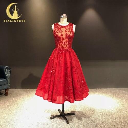Rhine real Pictures Zuhair Murad Red Full Beads Crystal Tea Length Fashion vestidos de платье fiesta Evening Dresses 2021