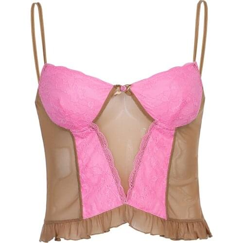 Pink Ruffle Sleeveless Crop Top for Women Spaghetti Strap Backless Mesh Top Tees Summer Party Camisole Deep V Lace Trim V-Neck