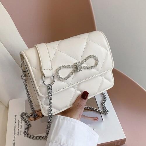 Fashion PU Square Crossbody Bags 2021Rhinestone Bow Designer Small Shoulder Bag Luxury Womens Mini Handbags Female White Clutch