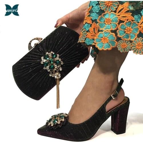 African 2021 Hot Selling D.Green Color Nigerian Fashion Italian Design Crystal Style Noble Party Ladies Shoes and Bag Set