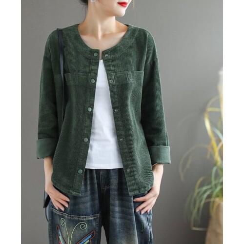 Khaki Green Corduroy Coat Irreuglar Top Single Breasted Solid Color Long Sleeve Autumn Jacket Vintage Casual Outwear Chaquetas