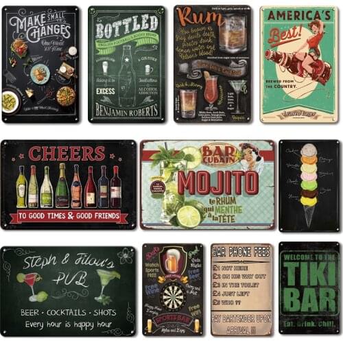 Vintage Bar Open Metal Plaque Tin Sign Restaurant Kitchen Plates Tiki Bar Signs Wall Decoration Retro Mojito Cocktail Poster