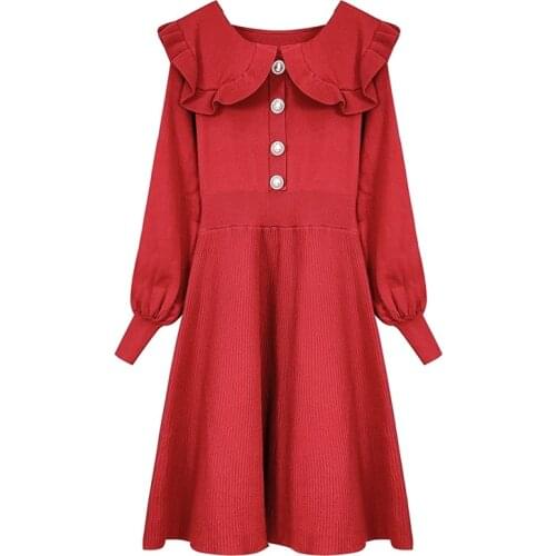 PERHAPS U Black Red O Neck Long Sleeve Short Mini Dress Ruffle Button Fit And Flare Elegant Winter Party Knitted Solid D1508