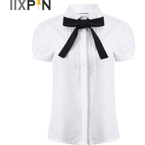 Womens Shirt Solid Color Bowtie School Uniforms Tops Short Sleeve Shirts OL College Style White Shirt Summer Female Top Workwear