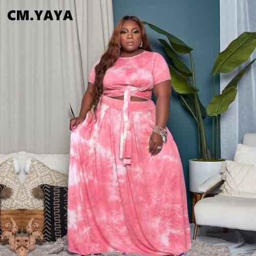 CM.YAYA Women Plus Size Set Print Short Sleeve Bandage Crop Tops Loose Long Skirts Two 2 Piece Sets Casual Streetwear Summer