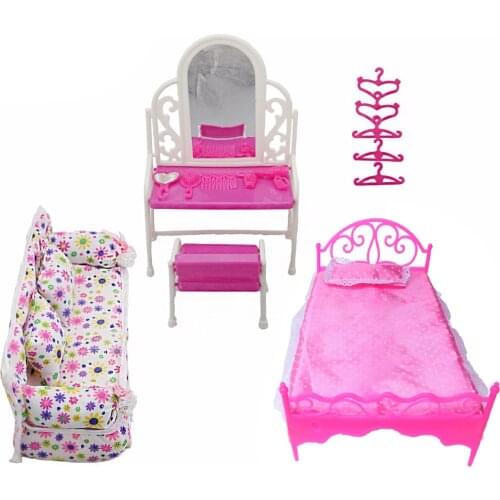 8 Items / Lot = 1x Cloth Sofa + 1x Dressing Table + 1x Bed + 5x Hanger Clothes For Barbie Doll Furniture Accessories Kids