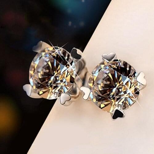 KOFSAC Charm 925 Sterling Silver Earrings For Women Jewelry Shiny Zircon Four Claws Heart Stud Earring Girl Valentines Day Gift