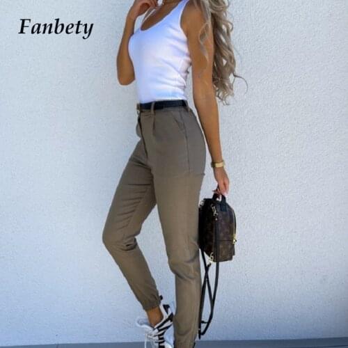 2021 Autumn Spring Office Lady Fashion Button Pockets Pencil Pant Elgeant Solid Slim Fit Bodycon Women Trouser Casual Sweatpants