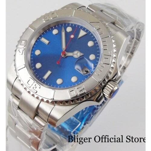 BLIGER Men Watch Self Winding Men Wristwatch Blue Second hand NH35 MIYOTA 8215 Oyster Strap Grey Insert Sapphire Crystal Screw