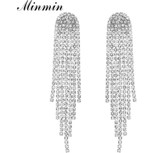 Minmin Classic Simple Silver Color Crystal Tassel Wedding Earrings Statement Long Drop Rhinestone Earrings Bridal Jewelry EH1423