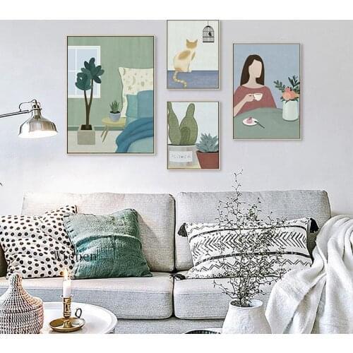 Nordic Small Fresh Poster Casual Girl Plants Leaves Illustration Cat Wall Art Canvas Painting Picture for Living Room Home Decor
