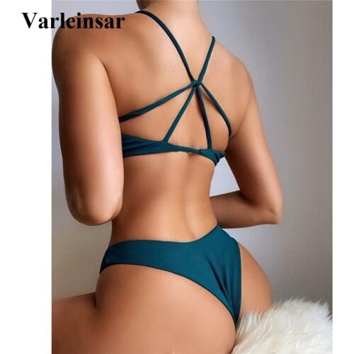 New Sexy Ribbed High Cut Bikini Female Swimsuit Women Swimwear Two-pieces Bikini set Padded Bather Bathing Suit Swim Lady V3071