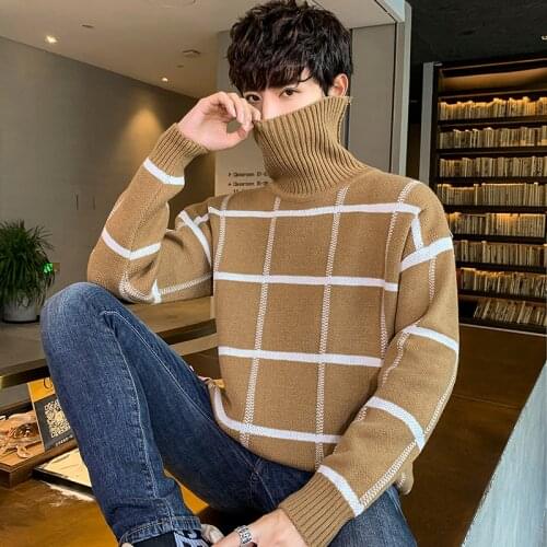 New Winter Thick Warm Sweater Men Turtleneck Casual Plaid Mens Christmas Sweaters Loose Pullover Male Knitwear Brand Clothes