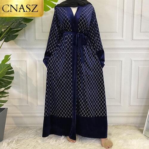 Autumn Winter Modest Abaya Loose Sleeves Front Open Cardigan Sequins Mesh Velvet Warm Coat Abayas For Muslim Women