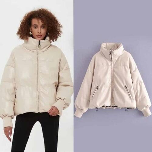 2021 Winter Women PU leather Parkas Coat Fashion Thick Warm Zipper Up Down Elastic Cuff Solid Female Windproof Parkas Jackets