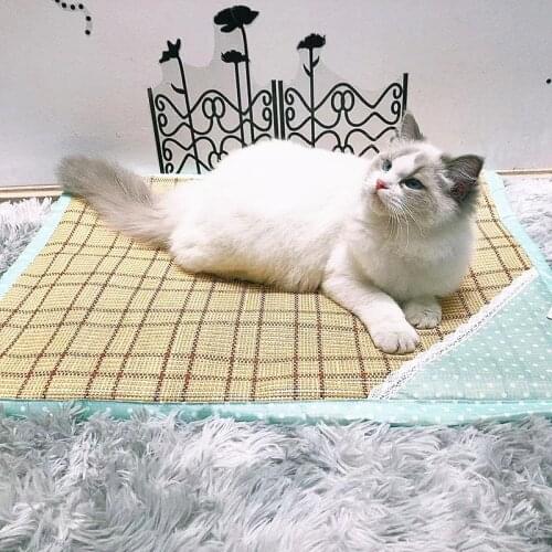 Pet Sleepping Bed Cooling Mat Breathable Dog Cat Kennel Sleeping Blanket Cool Comfort Weaving Grass Mat Ice Pad Puppy Kitten