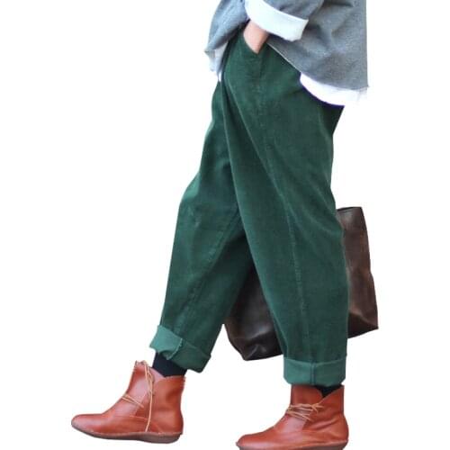 QPFJQD 2021 Autumn Vintage Womens Corduroy Pants Winter Thicken Warm Elastic Waist Casual Loose Pleated ladies Trousers Cotton