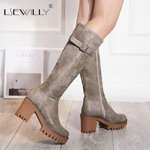 Lsewilly 2021 New Retro women boots lace up buckle lace up knee high boots round toe platform winter boots ladies shoes size 43